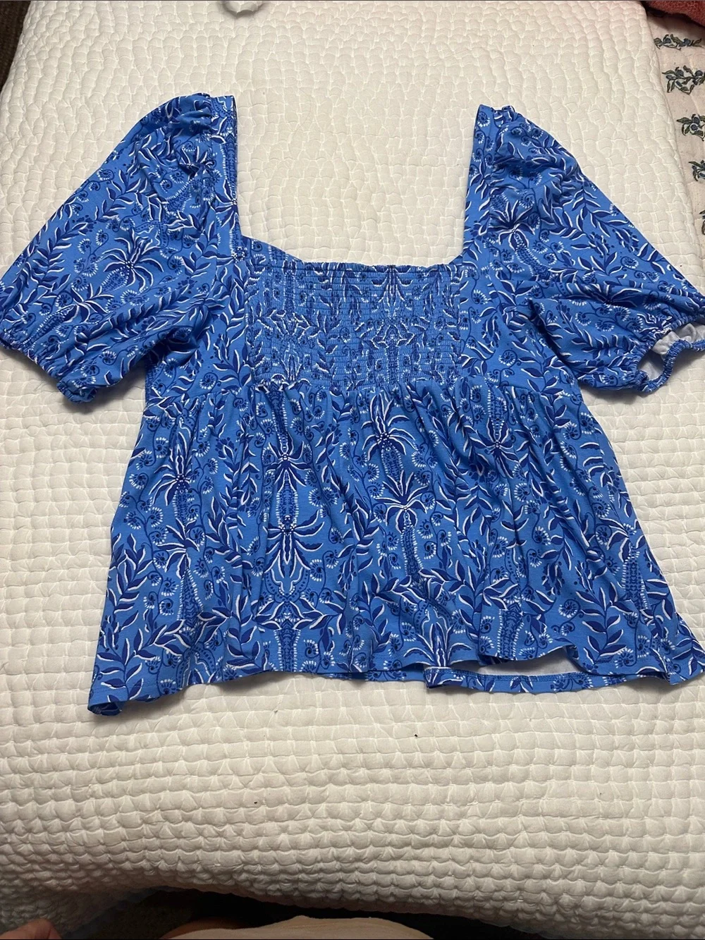 Lilly Pulitzer Royal Blue Printed Puff-Sleeve Top